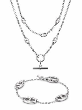 Silver Pig Nose Multilayer Necklace Bracelet Set Stainless Steel Gold Plated